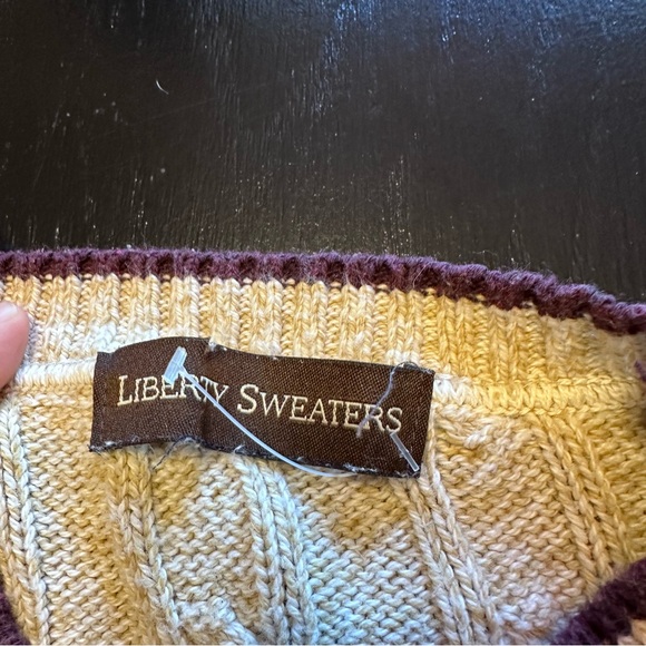 Vintage Liberty Sweater Large Cable Knit Crewneck  Patchwork Look Cream Red - Picture 2 of 5